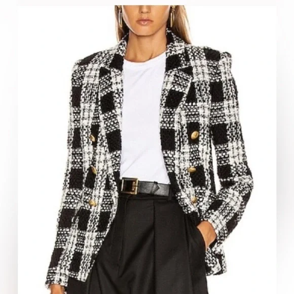 L’Agence Kenzie tweed double breasted blazer jacket ivory black